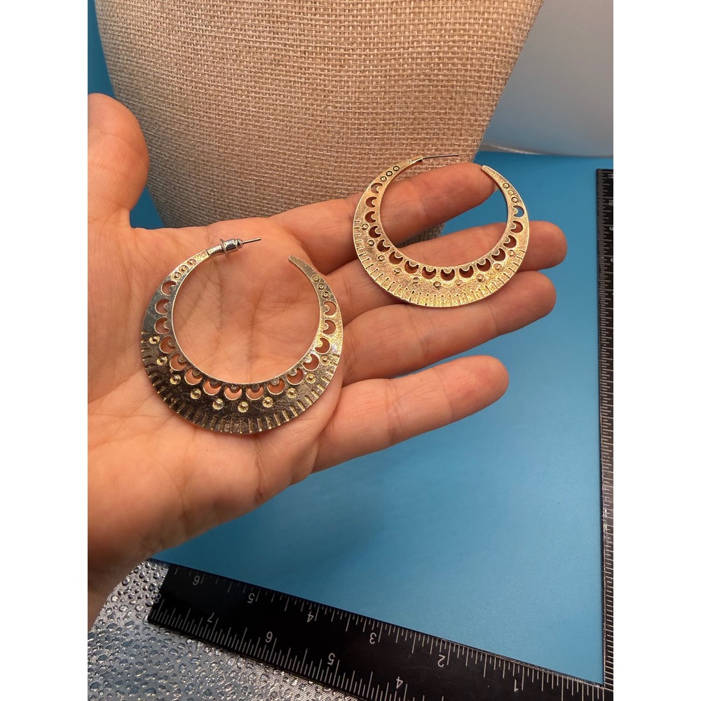 Gold Tone Crescent Hoop Earrings Boho Cutout Tribal Statement Large‎ Hoops